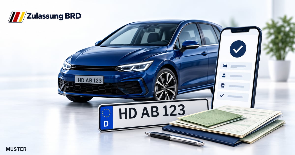 Online Fahrzeugzulassung in Heidelberg: Musterkennzeichen HD AB 123, Auto und Fahrzeugpapiere und Smartphone. Illustration mit Logo von Zulassung BRD.